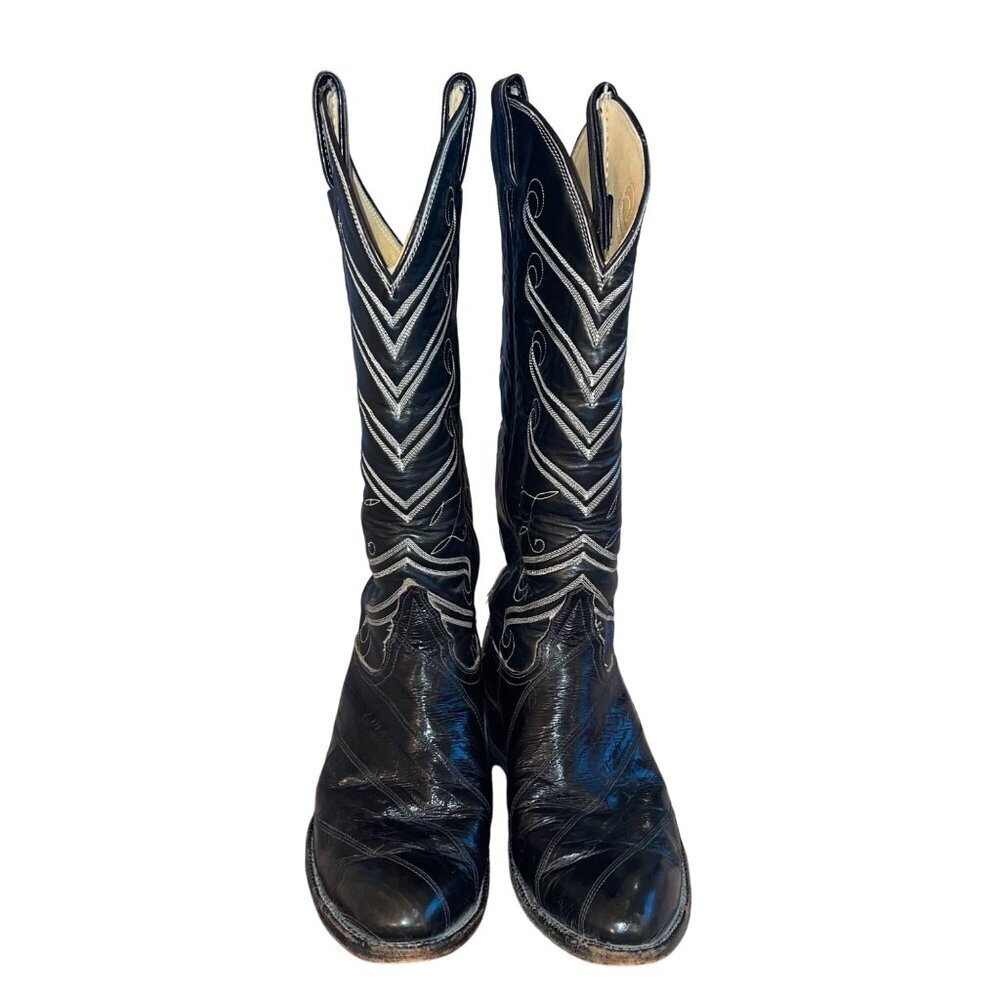 Tony Lama Mens Boots Size 7.5 Black Flame Stitch Detail Eel Skin Casual USA